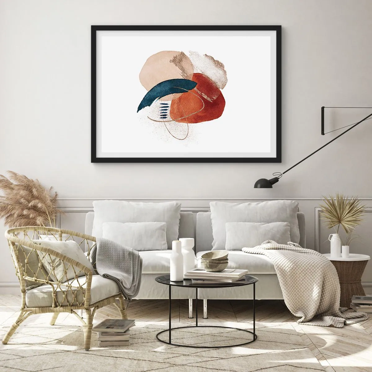 Poster in einem schwarzem Rahmen - Eine abstrakte Komposition mit Punkten in erdigen und marineblauen Farbtönen. - 70x50cm - Ovale Komposition - Moderne Wanddekoration für Wohnzimmer und Schlafzimmer ARTTOR