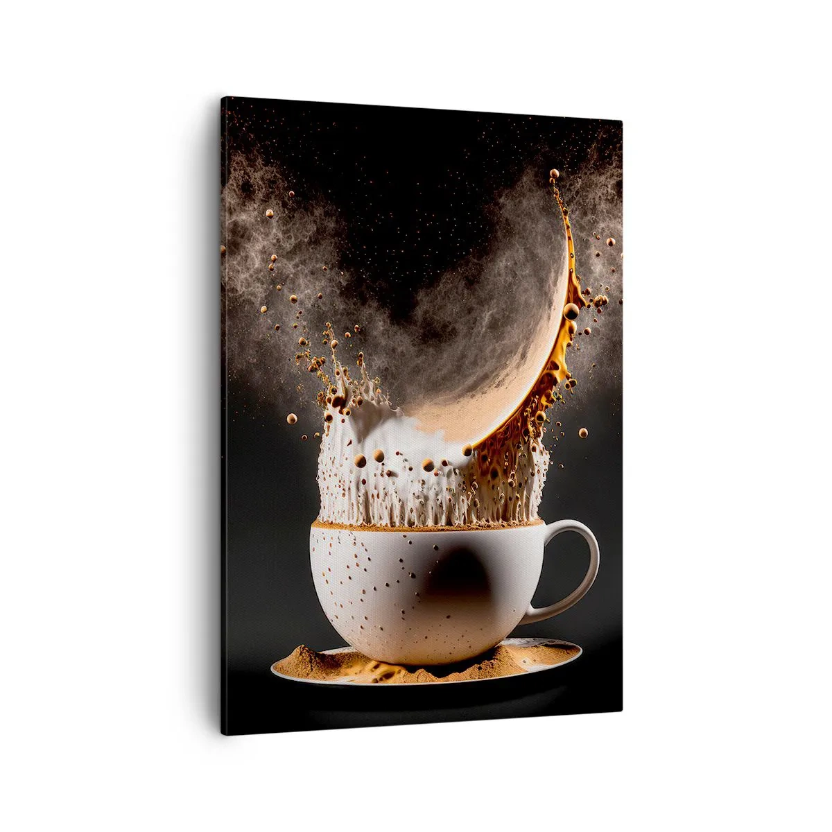 Bild auf Leinwand - Leinwandbild - Eine Tasse Kaffee mit einer dynamischen Flüssigkeitsexplosion auf schwarzem Hintergrund. - 50x70cm - Geschmacksexplosion - Moderne Wanddekoration für Wohnzimmer und Schlafzimmer ARTTOR