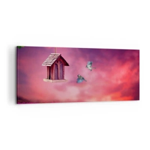 Bild auf Leinwand - Leinwandbild - Eine malerische Landschaft mit einem Vogelhaus und einem Sonnenuntergang - 120x50cm - Einladung zum Abendessen - Moderne Wanddekoration für Wohnzimmer und Schlafzimmer ARTTOR