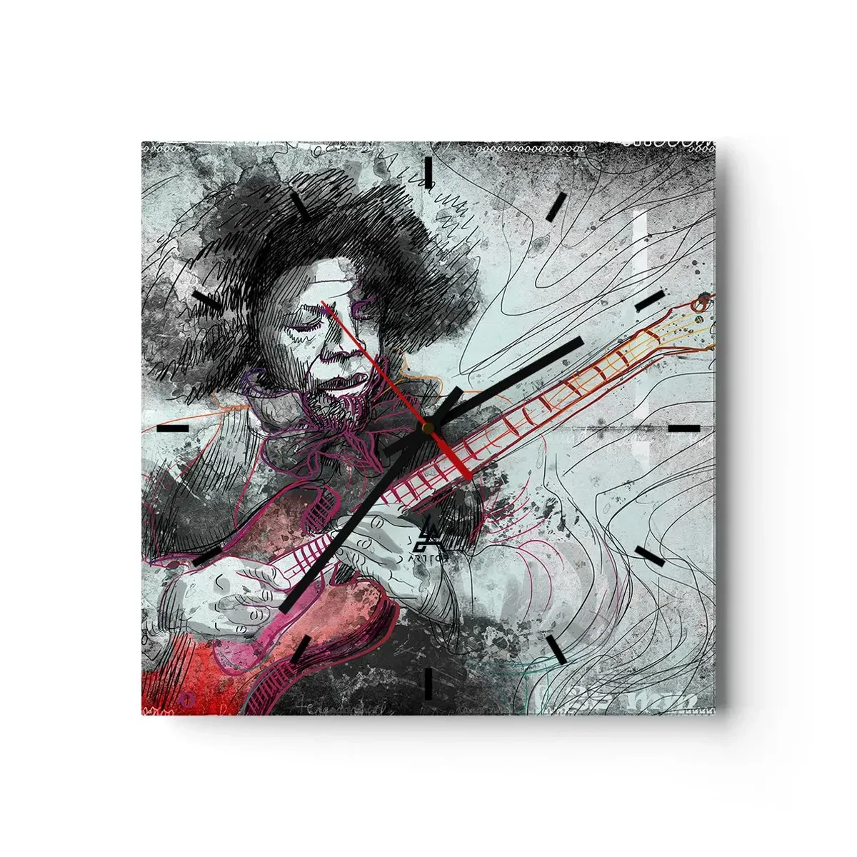 Wanduhr - Glasuhr - Künstlerisches Portrait eines Gitarristen in der Skizzentechnik - 30x30cm - Auf den Wellen der Musik - Moderne Wanddekoration für Wohnzimmer und Schlafzimmer ARTTOR