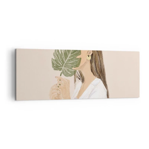 Bild auf Leinwand - Leinwandbild - Porträt einer Frau mit einem Monstera-Blatt auf beigem Hintergrund - 140x50cm - Geheimnisvolles Porträt mit Fächer - Moderne Wanddekoration für Wohnzimmer und Schlafzimmer ARTTOR
