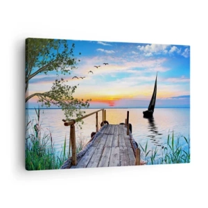 Bild auf Leinwand - Leinwandbild - Seepier mit Boot und Sonnenuntergang - 70x50cm - Guten Abend - Moderne Wanddekoration für Wohnzimmer und Schlafzimmer ARTTOR