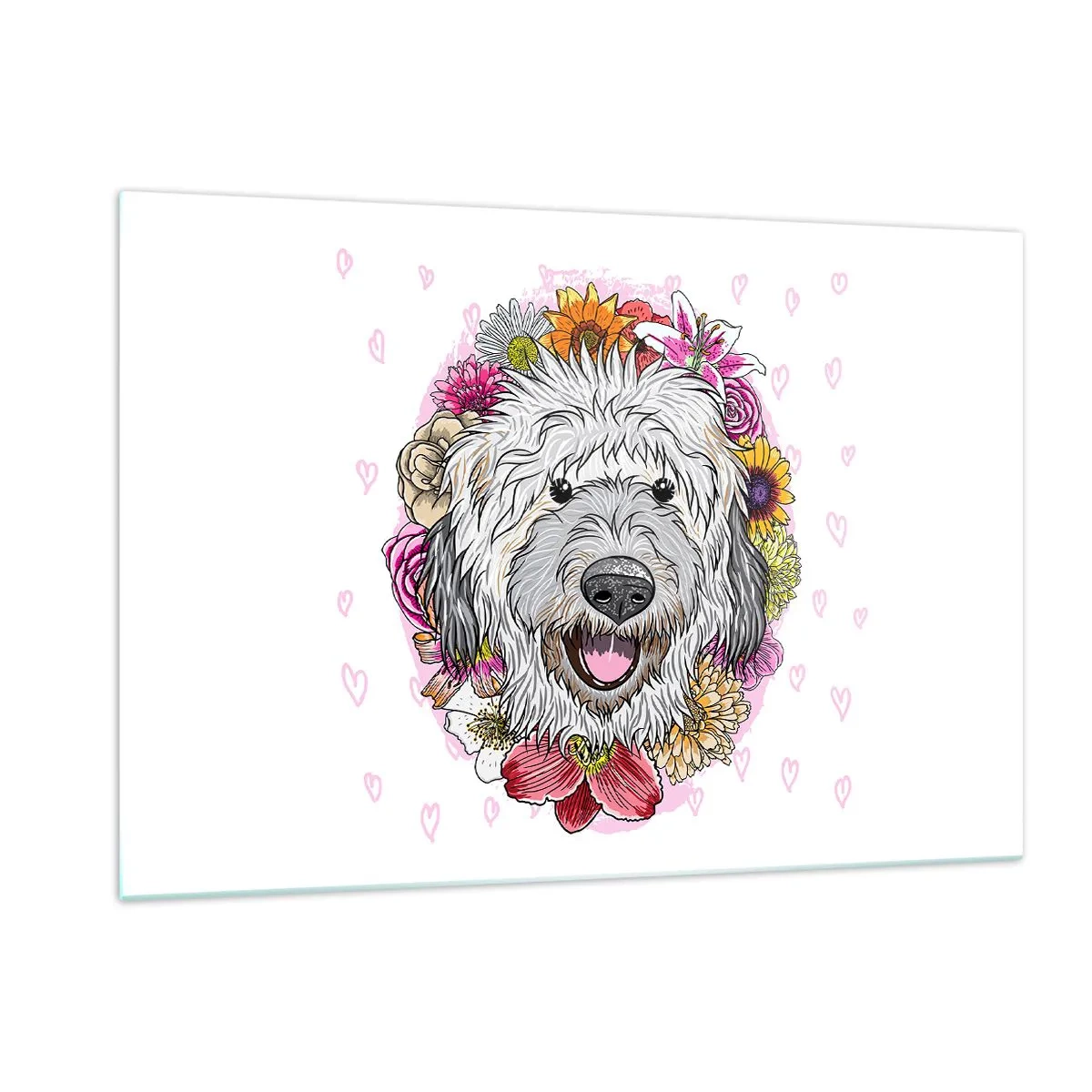 Glasbild - Bild auf glas - Illustration eines Hundes, umgeben von Blumen - 120x80cm - Welpenfreude - Moderne Wanddekoration für Wohnzimmer und Schlafzimmer ARTTOR