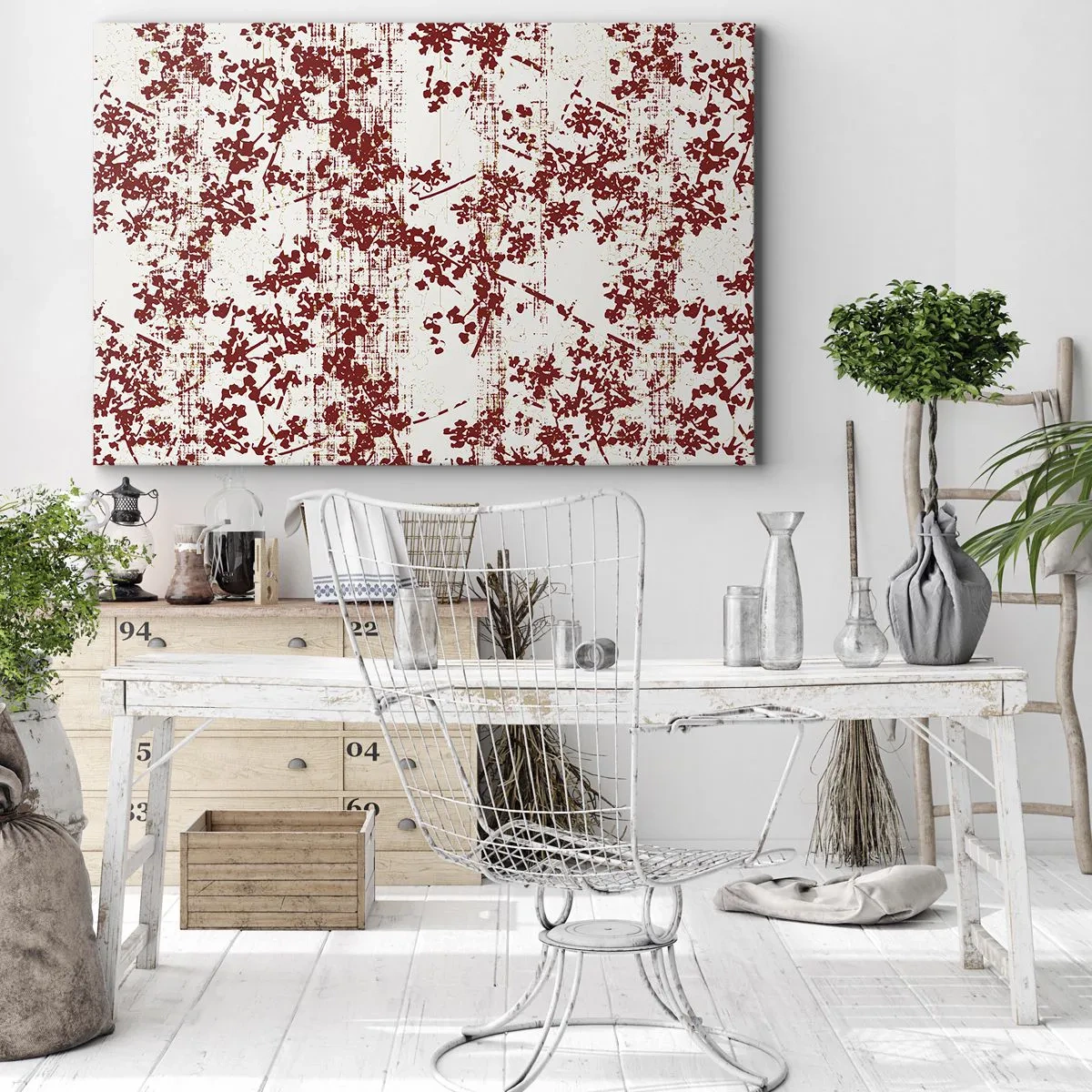 Bild auf Leinwand - Leinwandbild - Rote Blumen auf weißem Hintergrund im künstlerischen Stil - 100x70cm - Wie alter Perkal - Moderne Wanddekoration für Wohnzimmer und Schlafzimmer ARTTOR