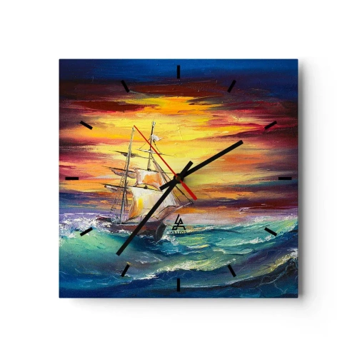 Wanduhr - Glasuhr - Ein Segelschiff vor der Kulisse eines farbenfrohen Sonnenuntergangs - 30x30cm - Tapfer unter den Wellen - Moderne Wanddekoration für Wohnzimmer und Schlafzimmer ARTTOR