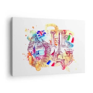 Bild auf Leinwand - Leinwandbild - Aquarell europäischer Symbole mit Länderflaggen - 70x50cm - Europa Tour - Moderne Wanddekoration für Wohnzimmer und Schlafzimmer ARTTOR