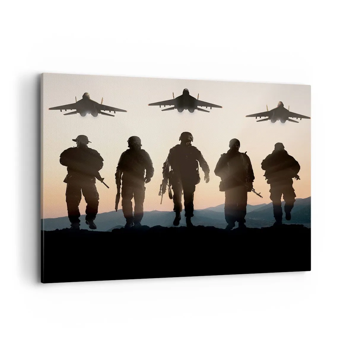 Bild auf Leinwand - Leinwandbild - Silhouetten von Soldaten und Kampfjets vor dem Hintergrund des Sonnenuntergangs - 100x70cm - Willkommen in unserer Welt - Moderne Wanddekoration für Wohnzimmer und Schlafzimmer ARTTOR