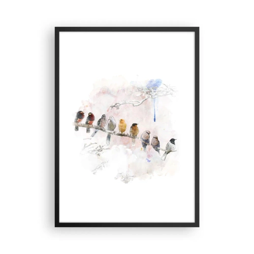Poster in einem schwarzem Rahmen - Vögel sitzen auf einem Ast im Aquarellstil - 50x70cm - Geflügeltes Treffen - Moderne Wanddekoration für Wohnzimmer und Schlafzimmer ARTTOR