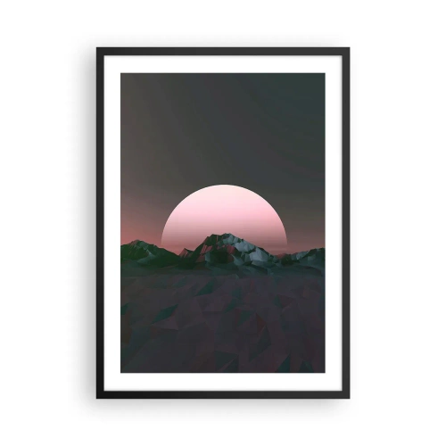 Poster in einem schwarzem Rahmen - Fantasielandschaft mit rosa Mond und Bergen - 50x70cm - In einer Nachbargalaxie - Moderne Wanddekoration für Wohnzimmer und Schlafzimmer ARTTOR