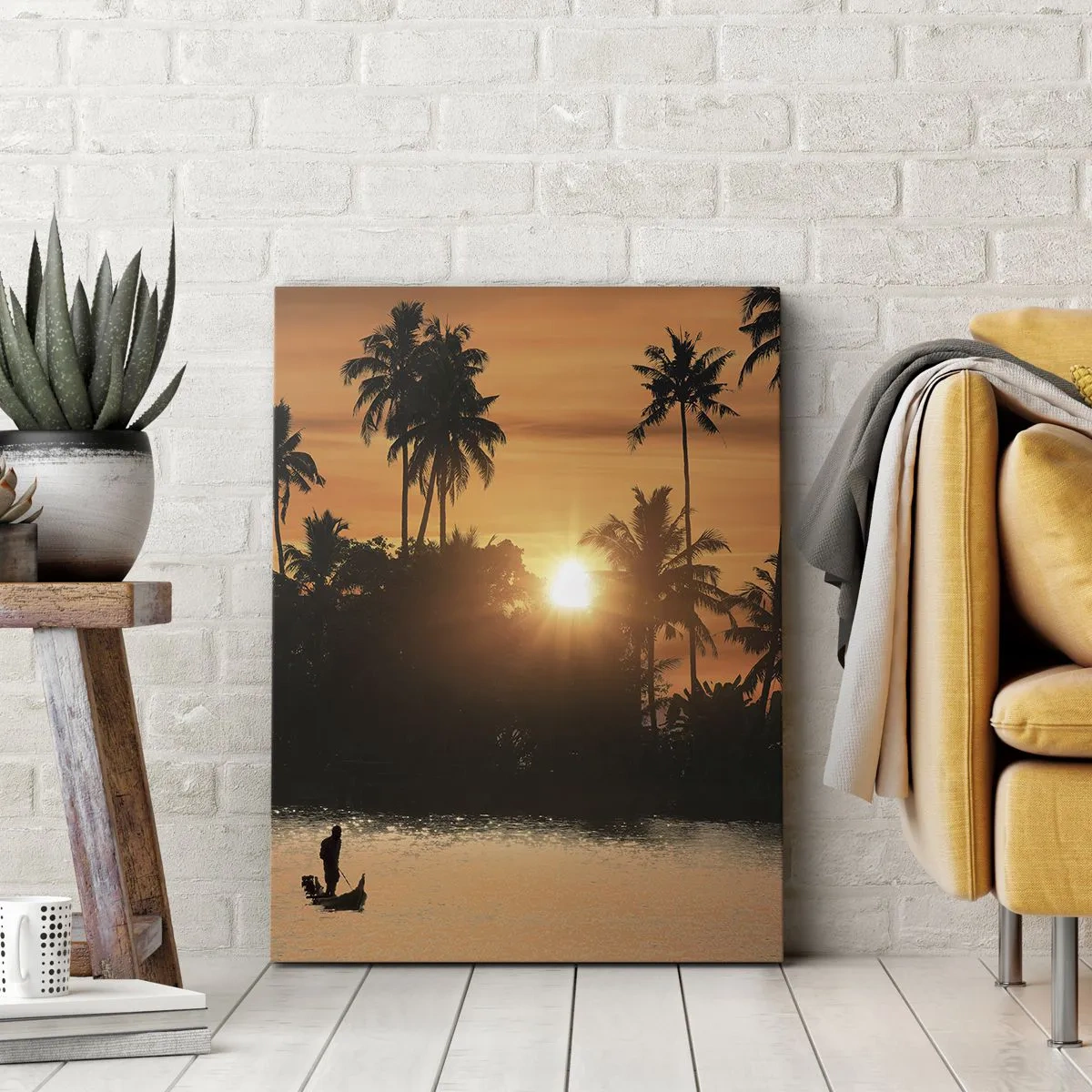 Bild auf Leinwand - Leinwandbild - Sonnenuntergang über Palmen und einem ruhigen See mit einem Boot - 70x100cm - Zeit zum Entspannen - Moderne Wanddekoration für Wohnzimmer und Schlafzimmer ARTTOR