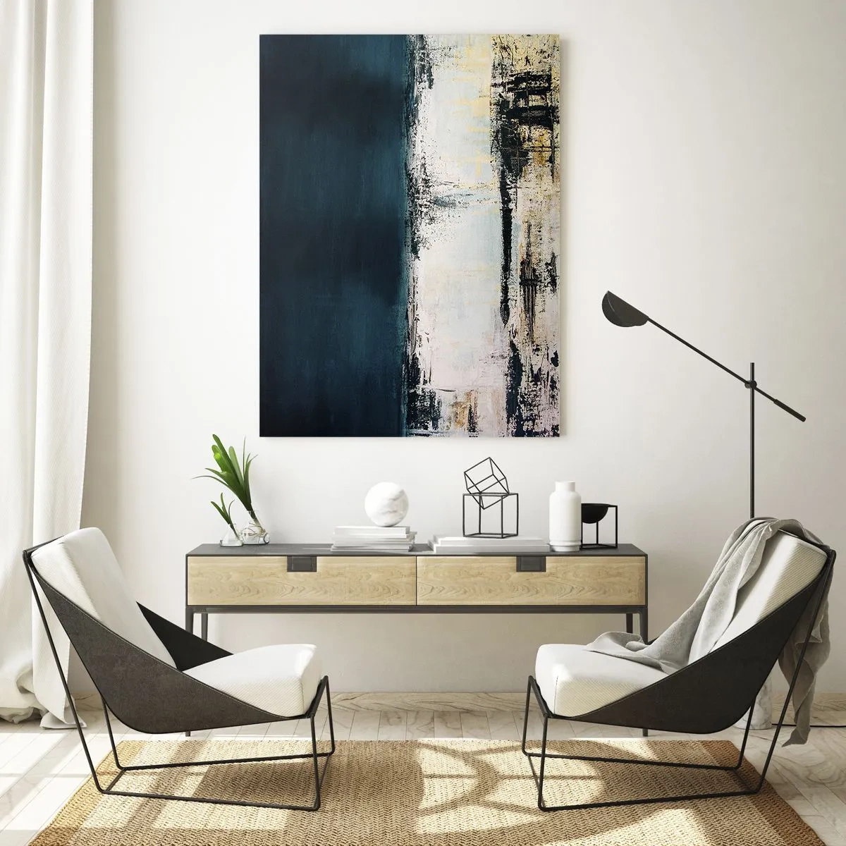 Glasbild - Bild auf glas - Abstrakte Landschaft in Marineblau- und Weißtönen - 50x70cm - Horizontale Komposition - Moderne Wanddekoration für Wohnzimmer und Schlafzimmer ARTTOR