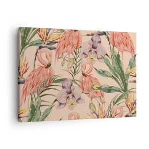 Bild auf Leinwand - Leinwandbild - Flamingos und tropische Blumen auf hellem Hintergrund - 70x50cm - Rosa Ballett in Blumen - Moderne Wanddekoration für Wohnzimmer und Schlafzimmer ARTTOR