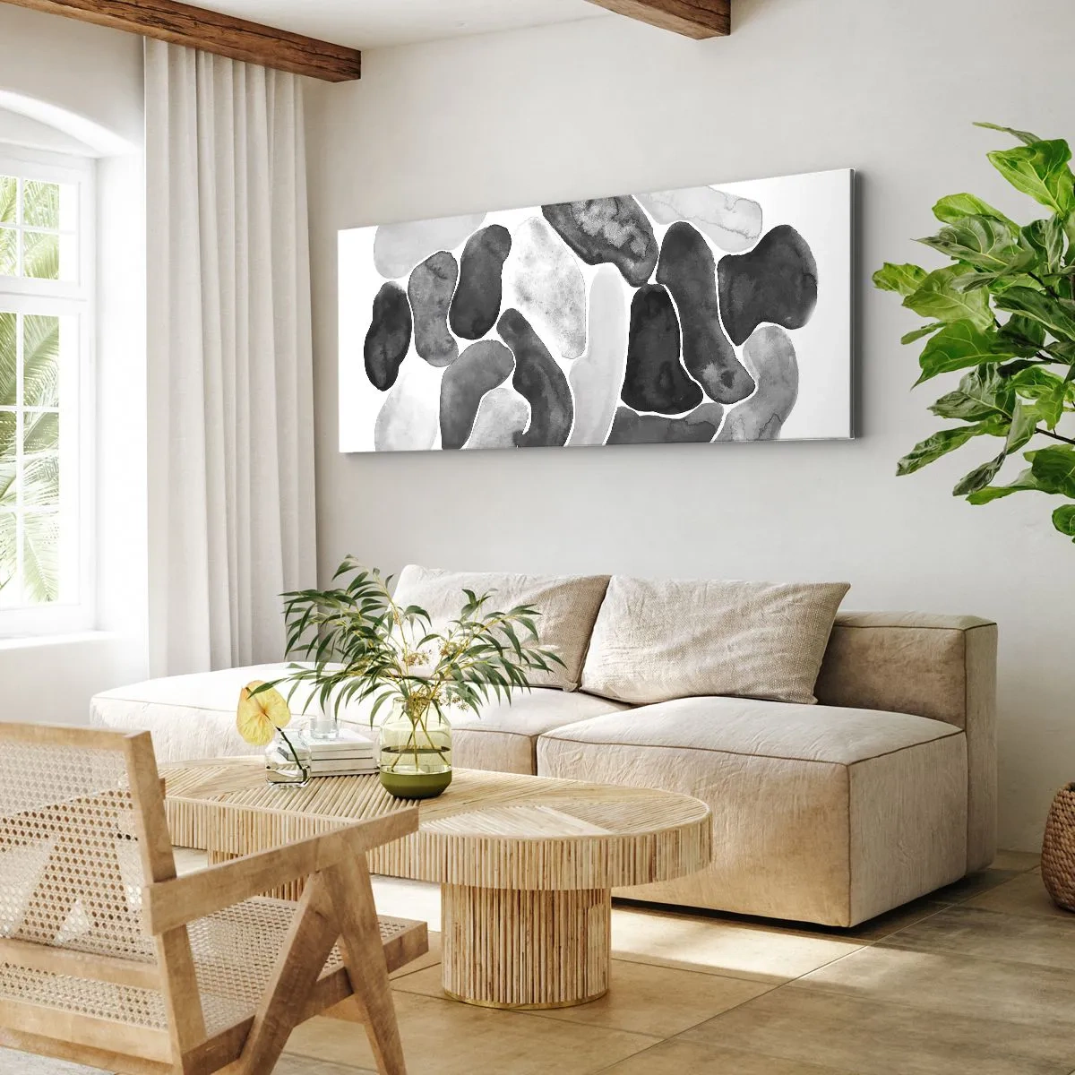 Bild auf Leinwand - Leinwandbild - Schwarz-weiße Abstraktion mit unregelmäßigen Flecken auf weißem Hintergrund - 120x50cm - Felsige Abstraktion - Moderne Wanddekoration für Wohnzimmer und Schlafzimmer ARTTOR