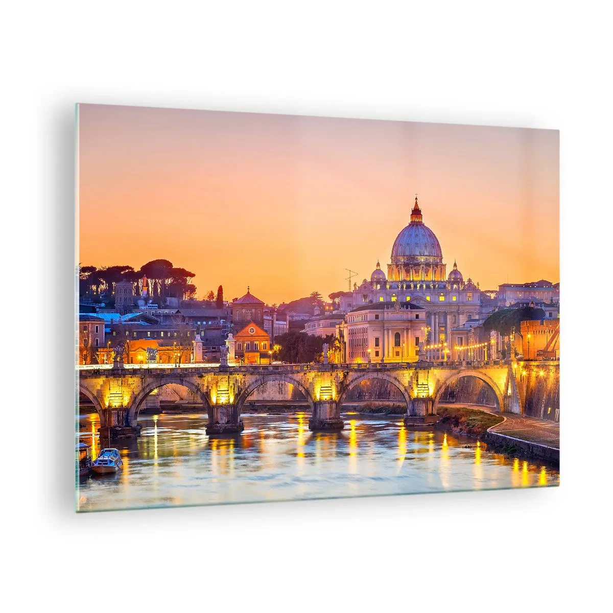 Glasbild - Bild auf glas - Brücke und Basilika in Rom bei Sonnenuntergang - 70x50cm - Sonnenuntergang über der ewigen Stadt - Moderne Wanddekoration für Wohnzimmer und Schlafzimmer ARTTOR