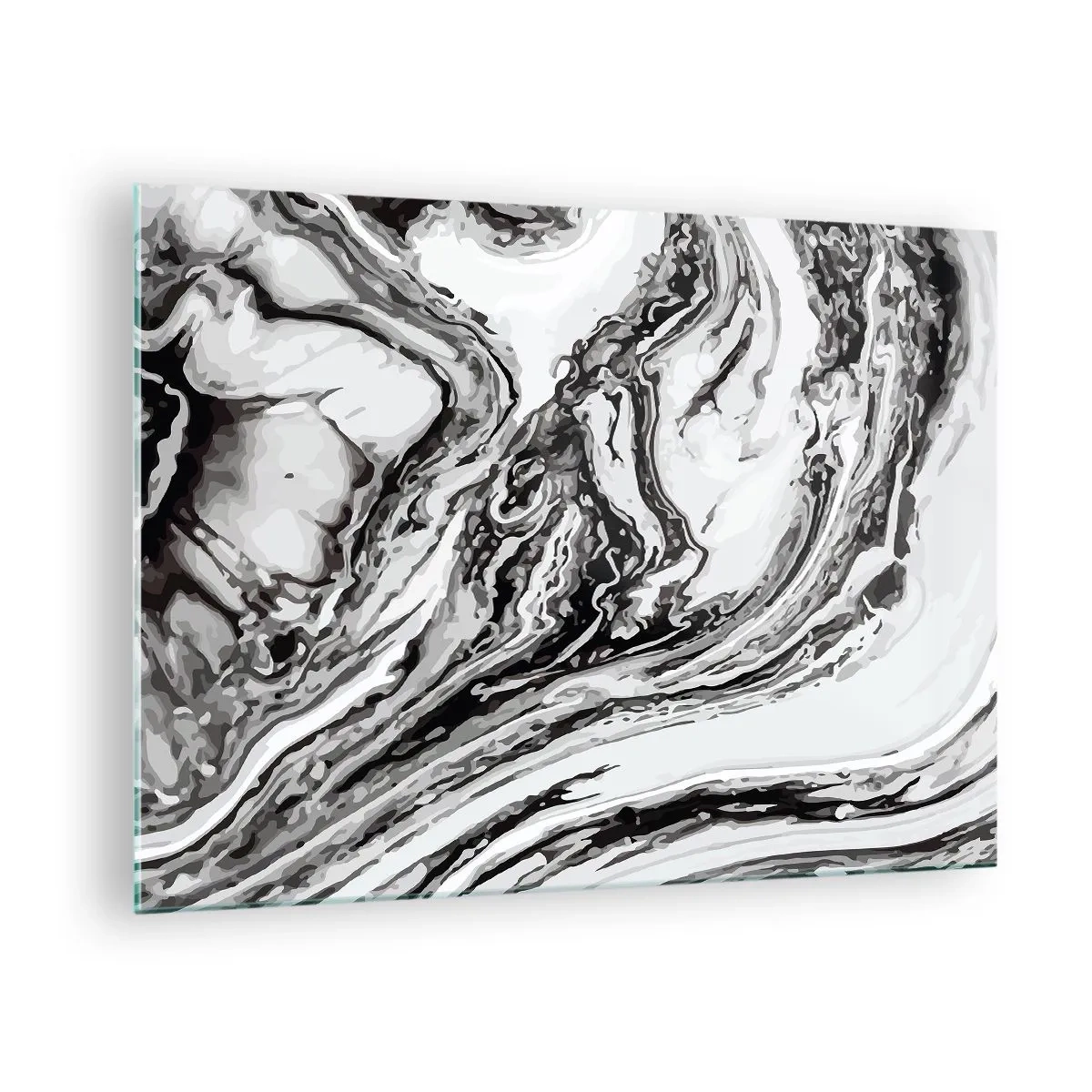 Glasbild - Bild auf glas - Ein abstraktes Muster in Schwarz- und Weißtönen, das Wellen ähnelt. - 70x50cm - Am Anfang war Chaos - Moderne Wanddekoration für Wohnzimmer und Schlafzimmer ARTTOR