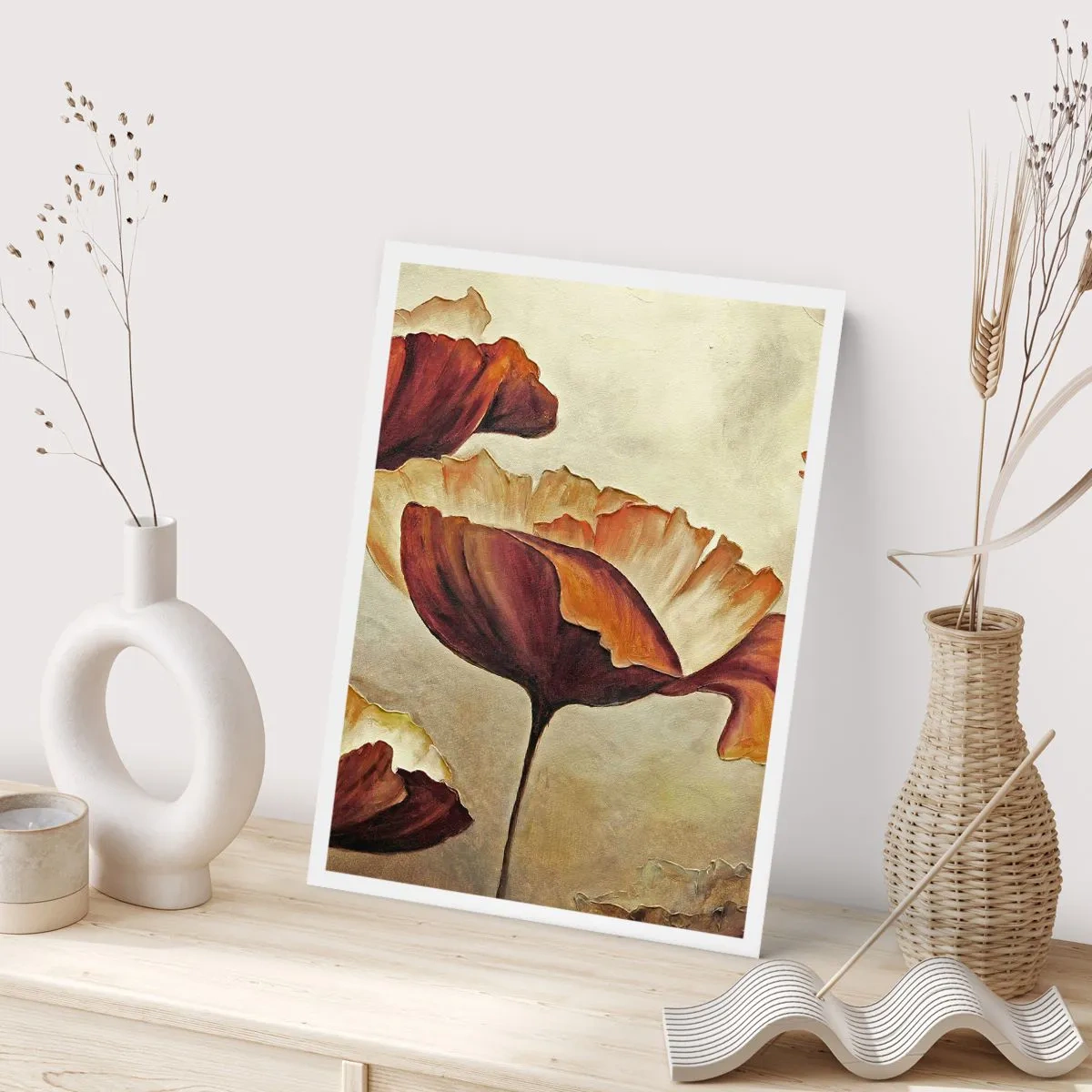 Poster - Ein Bild von Mohnblumen in warmen Farbtönen - 50x70cm - Weideland - Moderne Wanddekoration für Wohnzimmer und Schlafzimmer ARTTOR