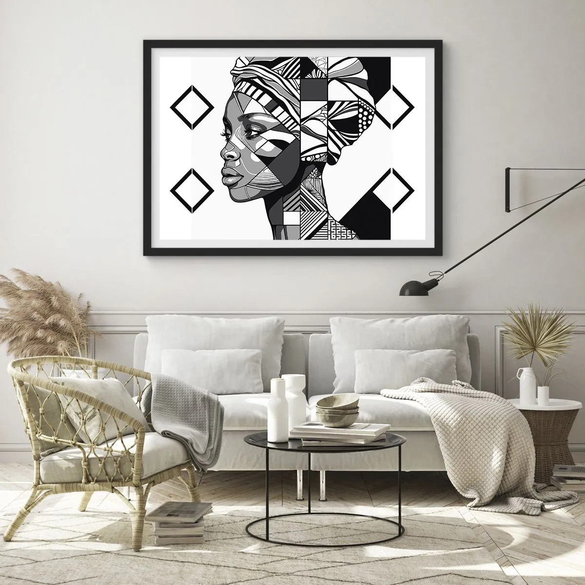 Poster in einem schwarzem Rahmen - Schwarz-Weiß-Porträt einer Frau im Ethno-Stil - 70x50cm - Ethnisches Porträt - Moderne Wanddekoration für Wohnzimmer und Schlafzimmer ARTTOR