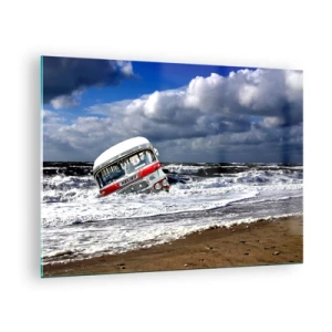 Glasbild - Bild auf glas - Ein alter Bus im Wasser einer stürmischen See - 70x50cm - Und was stehst du so erstaunt? - Moderne Wanddekoration für Wohnzimmer und Schlafzimmer ARTTOR