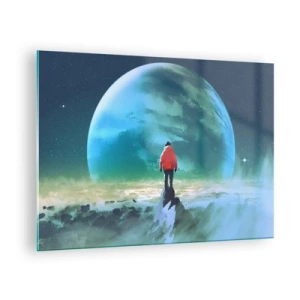 Glasbild - Bild auf glas - Eine Figur in einer roten Jacke vor dem Hintergrund eines riesigen Planeten und Sternen - 70x50cm - Entdecker des neuen Landes - Moderne Wanddekoration für Wohnzimmer und Schlafzimmer ARTTOR