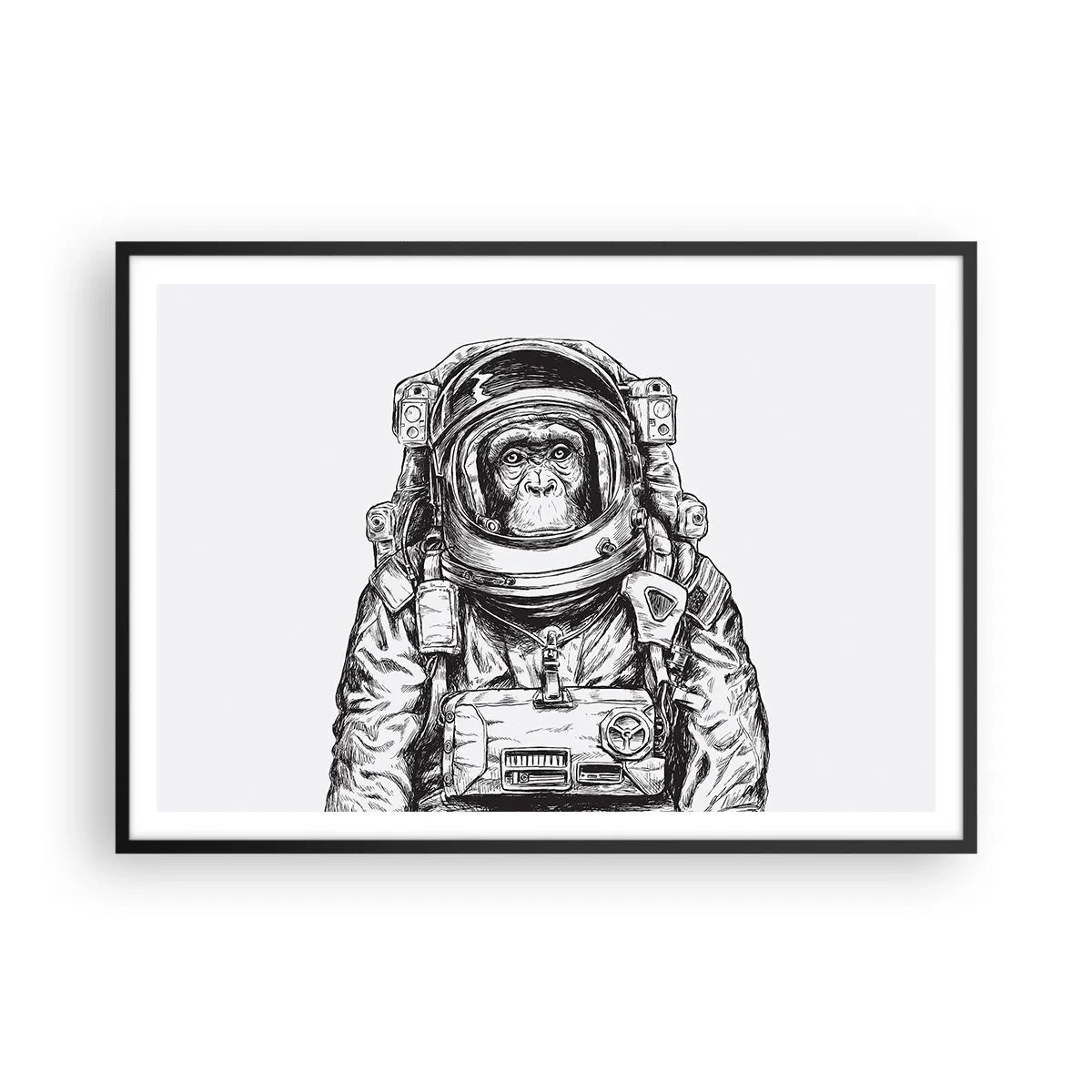 Poster in einem schwarzem Rahmen - Grafik eines Astronauten im Raumanzug mit Affenkopf - 100x70cm - Alternative Evolution - Moderne Wanddekoration für Wohnzimmer und Schlafzimmer ARTTOR