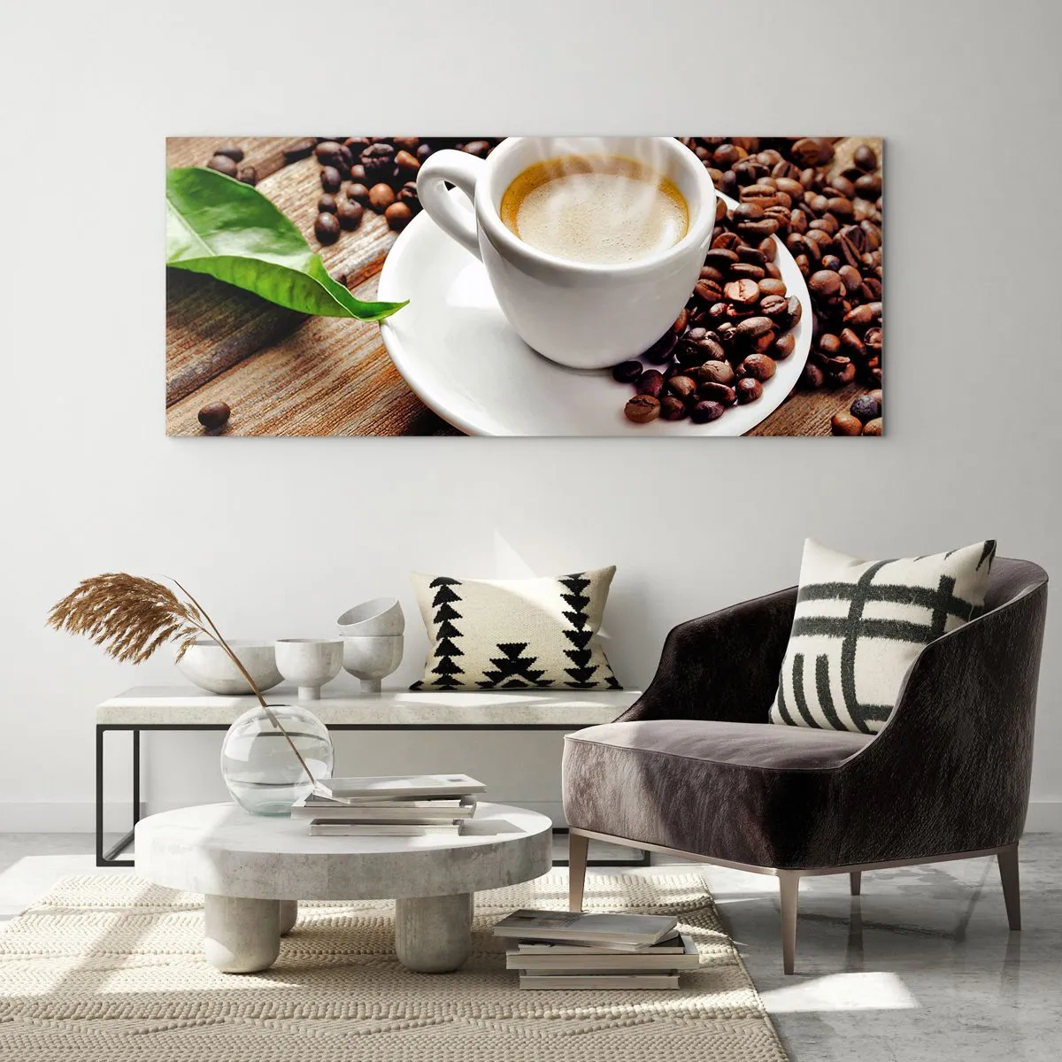 Glasbild - Bild auf glas - Kaffee auf der Bank - 90x30 cm