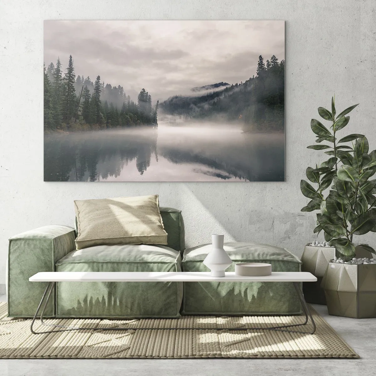 Glasbild - Bild auf glas - Morgendlicher Blick auf einen See im Wald, in Nebel gehüllt - 70x50cm - In Reflexion, im Nebel - Moderne Wanddekoration für Wohnzimmer und Schlafzimmer ARTTOR