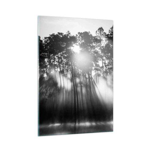 Glasbild - Bild auf glas - Schwarze und weiße Bäume in einem Wald mit Sonnenstrahlen im Dunst - 50x70cm - Unaufhaltsame Sonne - Moderne Wanddekoration für Wohnzimmer und Schlafzimmer ARTTOR