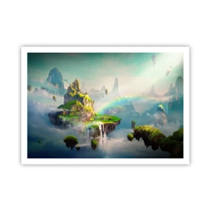 Poster - Fliegende Inseln zwischen den Wolken mit einem Regenbogen am Horizont - 100x70cm - Mitten am Himmel - glückliche Inseln - Moderne Wanddekoration für Wohnzimmer und Schlafzimmer ARTTOR