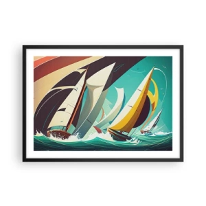 Poster in einem schwarzem Rahmen - Eine dynamische Illustration von Segelbooten in stürmischer See. - 70x50cm - Viel Glück mit den Elementen - Moderne Wanddekoration für Wohnzimmer und Schlafzimmer ARTTOR