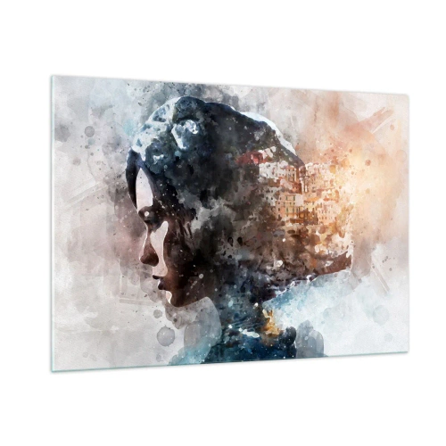 Glasbild - Bild auf glas - Ein Profil einer Frau im Aquarellstil mit einer Stadt im Hintergrund. - 100x70cm - Eine Geschichte über ein Mädchen mit einer Stadt im Hintergrund - Moderne Wanddekoration für Wohnzimmer und Schlafzimmer ARTTOR