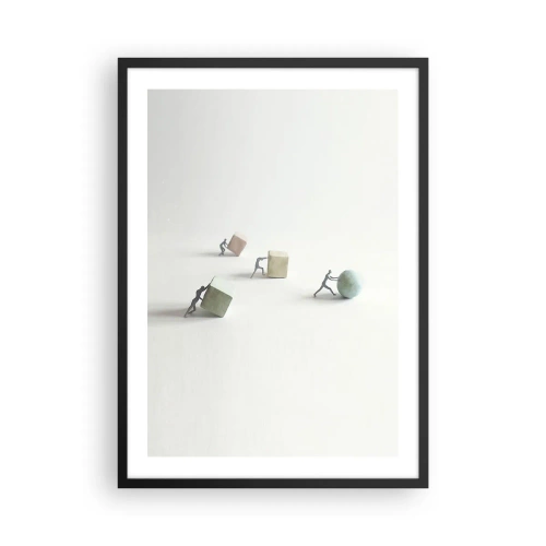 Poster in einem schwarzem Rahmen - Miniaturfiguren, die bunte geometrische Formen schieben - 50x70cm - Pures Leben - Moderne Wanddekoration für Wohnzimmer und Schlafzimmer ARTTOR