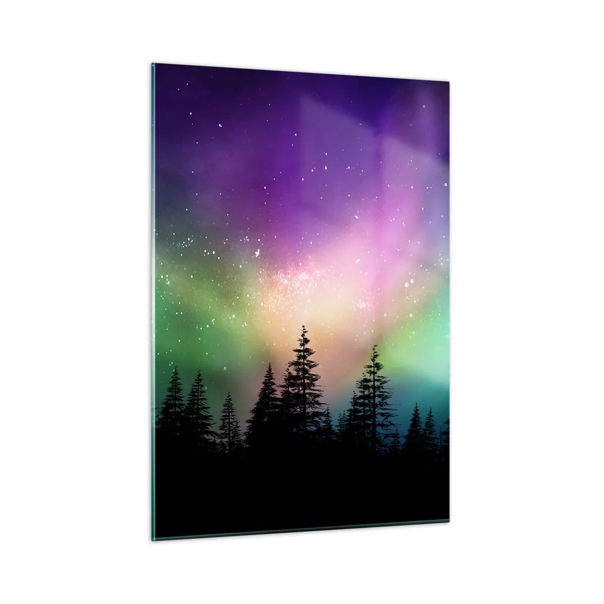 Glasbild - Bild auf glas - Wald bei Nacht unter den bunten Nordlichtern - 50x70cm - weiße Magie - Moderne Wanddekoration für Wohnzimmer und Schlafzimmer ARTTOR