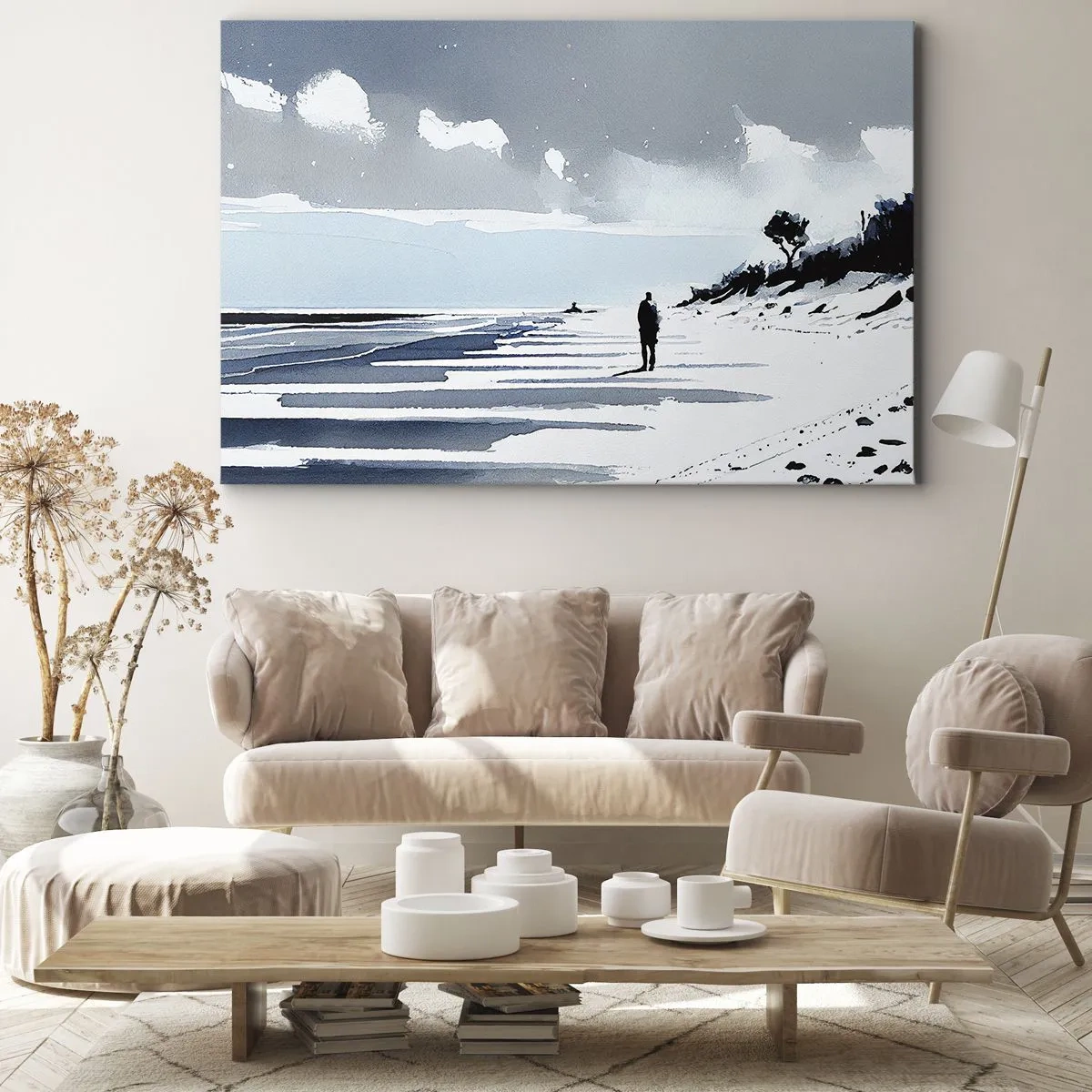 Bild auf Leinwand - Leinwandbild - Eine einsame Gestalt, die an einem leeren Strand entlanggeht - 120x80cm - Allein sein - Moderne Wanddekoration für Wohnzimmer und Schlafzimmer ARTTOR