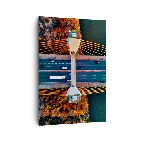 Bild auf Leinwand - Leinwandbild - Luftaufnahme der Brücke über den Fluss und der Herbstlandschaft - 70x100cm - Jenseits der Gewässer, jenseits der Wälder - Moderne Wanddekoration für Wohnzimmer und Schlafzimmer ARTTOR