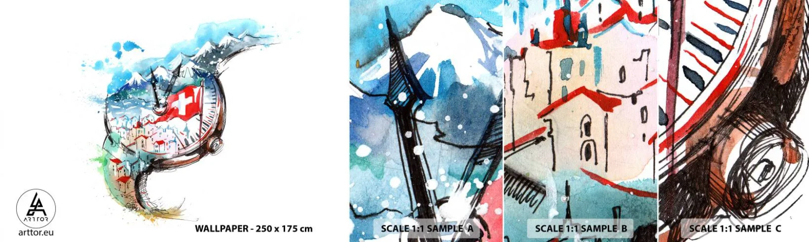 Fototapetenmuster Standard Eco - Der Geist der Schweiz - Abstraktion, Schweizer Uhr, Alpen - 100x30 cm