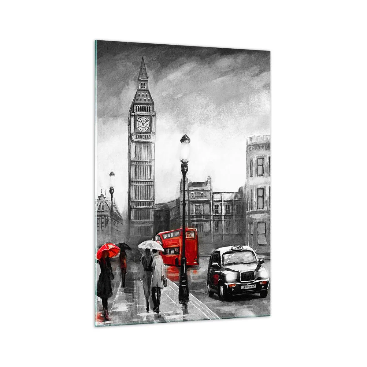Glasbild - Bild auf glas - Eine Londoner Szene in Schwarzweiß mit roten Akzenten - 70x100cm - Gar keine graue Stadt - Moderne Wanddekoration für Wohnzimmer und Schlafzimmer ARTTOR