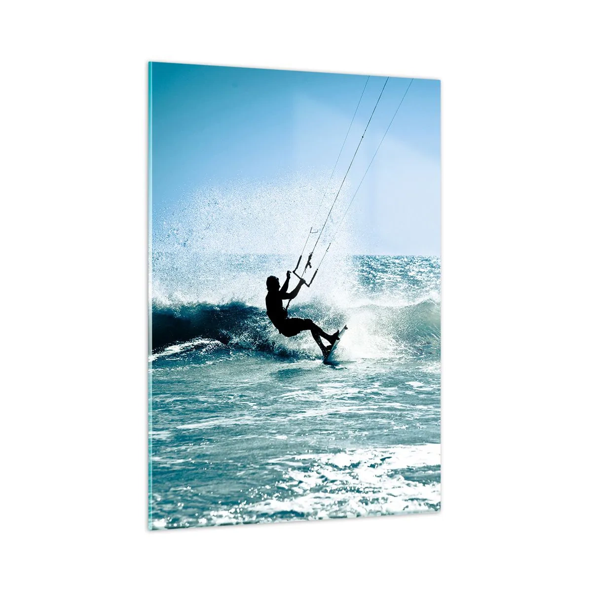 Glasbild - Bild auf glas - Kitesurfer auf den Wellen des Ozeans an einem sonnigen Tag - 50x70cm - Hinreißen lassen - Moderne Wanddekoration für Wohnzimmer und Schlafzimmer ARTTOR