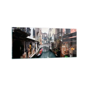 Glasbild - Bild auf glas - Ein Kanal in Venedig mit einer Gondel und historischen Gebäuden - 120x50cm - Venezianische Landschaft mit Gondel und Brücke - Moderne Wanddekoration für Wohnzimmer und Schlafzimmer ARTTOR
