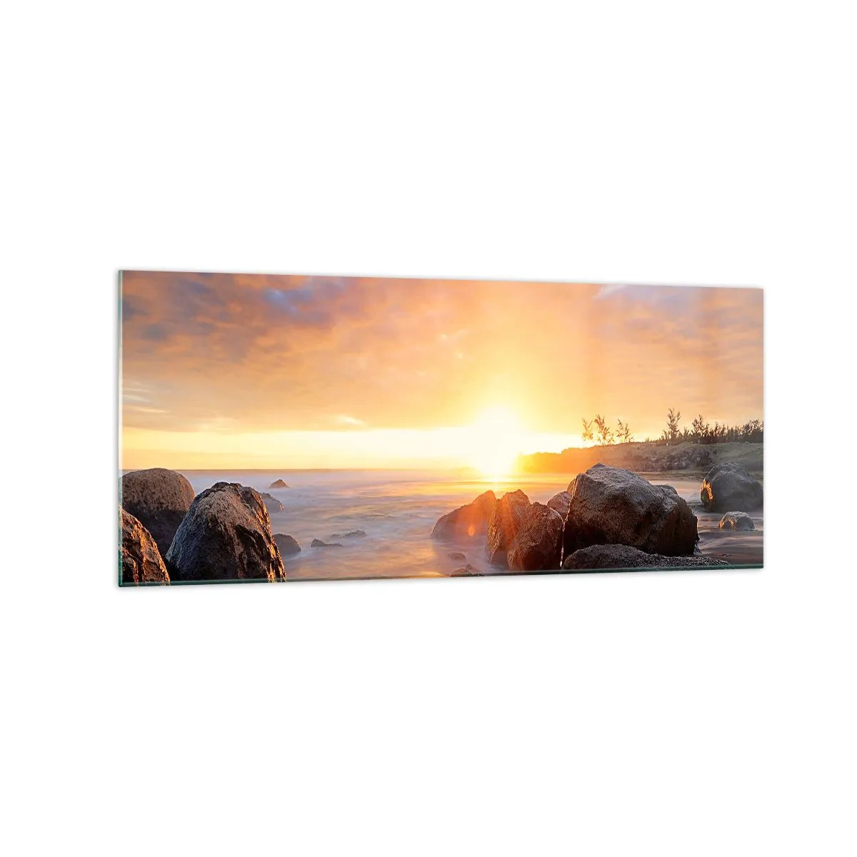 Glasbild - Bild auf glas - Sonnenuntergang über der felsigen Küste - 120x50cm - Leuchtende Brise des Abends - Moderne Wanddekoration für Wohnzimmer und Schlafzimmer ARTTOR