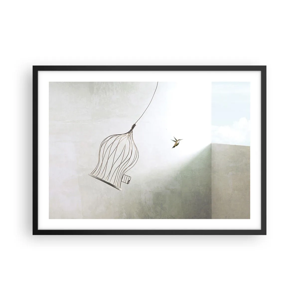 Poster in einem schwarzem Rahmen - Ein aus einem Käfig befreiter Vogel vor dem Hintergrund eines hellen Himmels - 70x50cm - In seinem Element - Moderne Wanddekoration für Wohnzimmer und Schlafzimmer ARTTOR