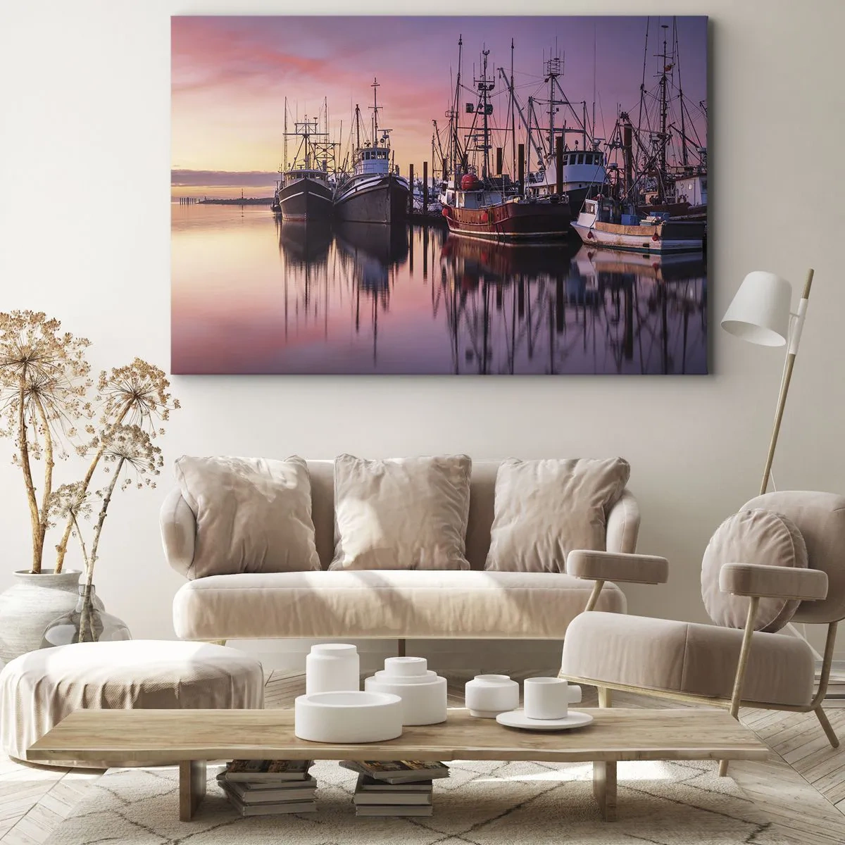 Bild auf Leinwand - Leinwandbild - Fischerboote im Hafen bei Sonnenuntergang - 120x80cm - Vor dem nächsten Tag - Moderne Wanddekoration für Wohnzimmer und Schlafzimmer ARTTOR
