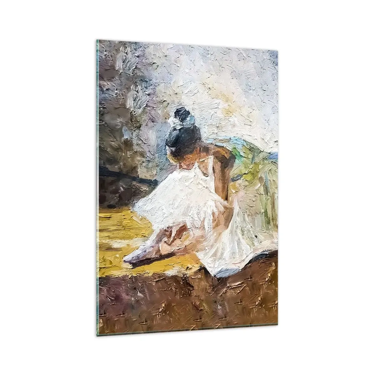 Glasbild - Bild auf glas - Eine Ballerina in einem weißen Kleid im malerischen Stil vor einem impressionistischen Hintergrund. - 80x120cm - Aus einem Gemälde von Degas - Moderne Wanddekoration für Wohnzimmer und Schlafzimmer ARTTOR