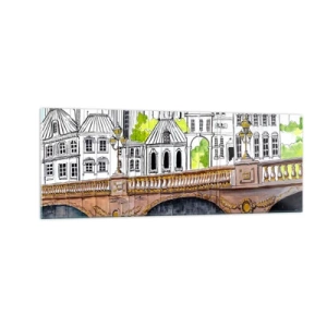 Glasbild - Bild auf glas - Zeichnung der Brücke und historische Stadtarchitektur - 140x50cm - Die Stadt ist gemalt - Moderne Wanddekoration für Wohnzimmer und Schlafzimmer ARTTOR