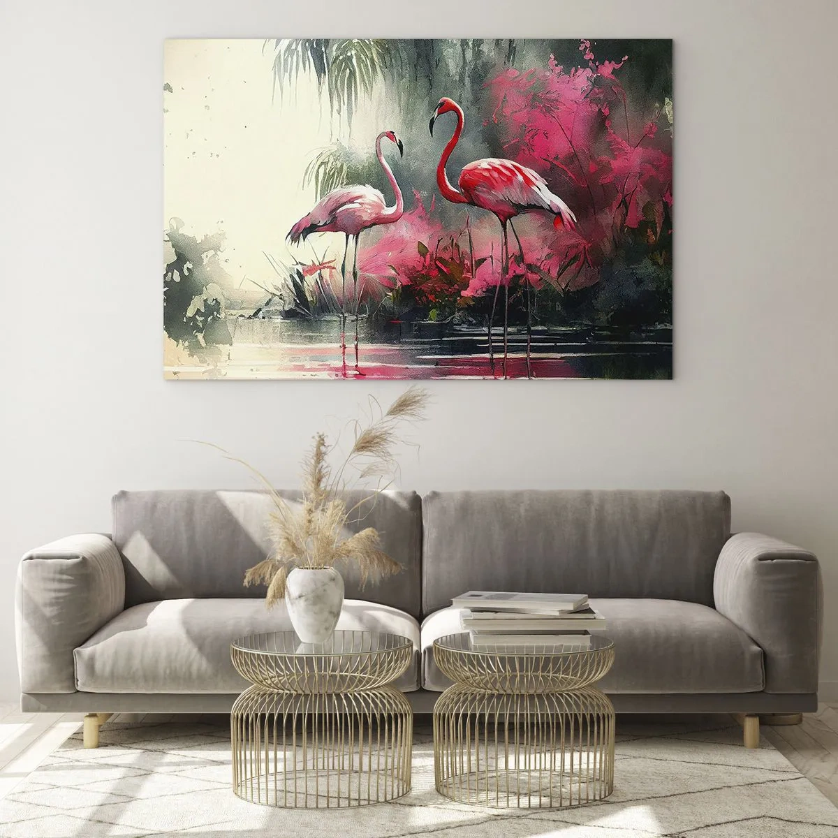 Glasbild - Bild auf glas - Zwei Flamingos in tropischer Umgebung am Wasser - 100x70cm - Lektion in natürlicher Anmut - Moderne Wanddekoration für Wohnzimmer und Schlafzimmer ARTTOR