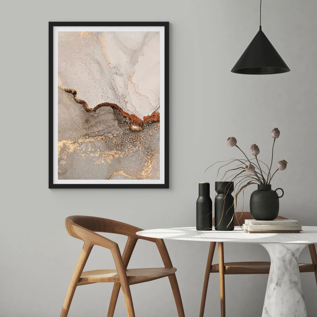 Poster in einem schwarzem Rahmen - Abstraktes Marmormuster mit Gold- und Kupferakzenten - 50x70cm - An der Grenze der Farben - Moderne Wanddekoration für Wohnzimmer und Schlafzimmer ARTTOR