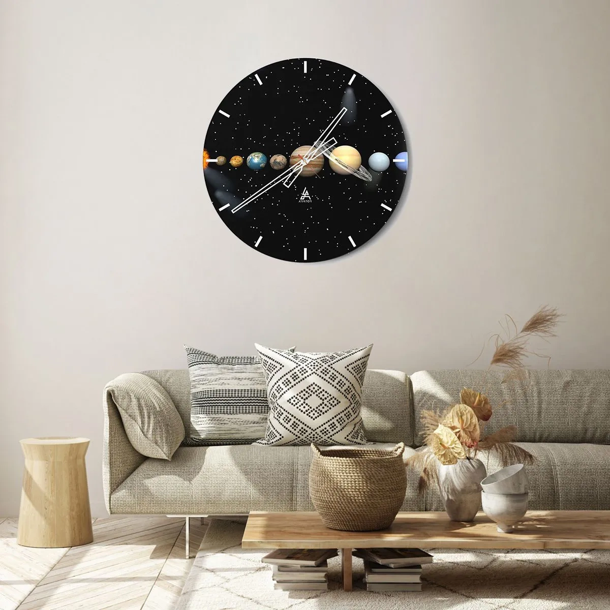 Wanduhr - Glasuhr - Das Sonnensystem mit Planeten vor dem Hintergrund der Sterne - 30x30cm - Und die Planeten werden verrückt und toben ... - Moderne Wanddekoration für Wohnzimmer, Küche und Schlafzimmer ARTTOR