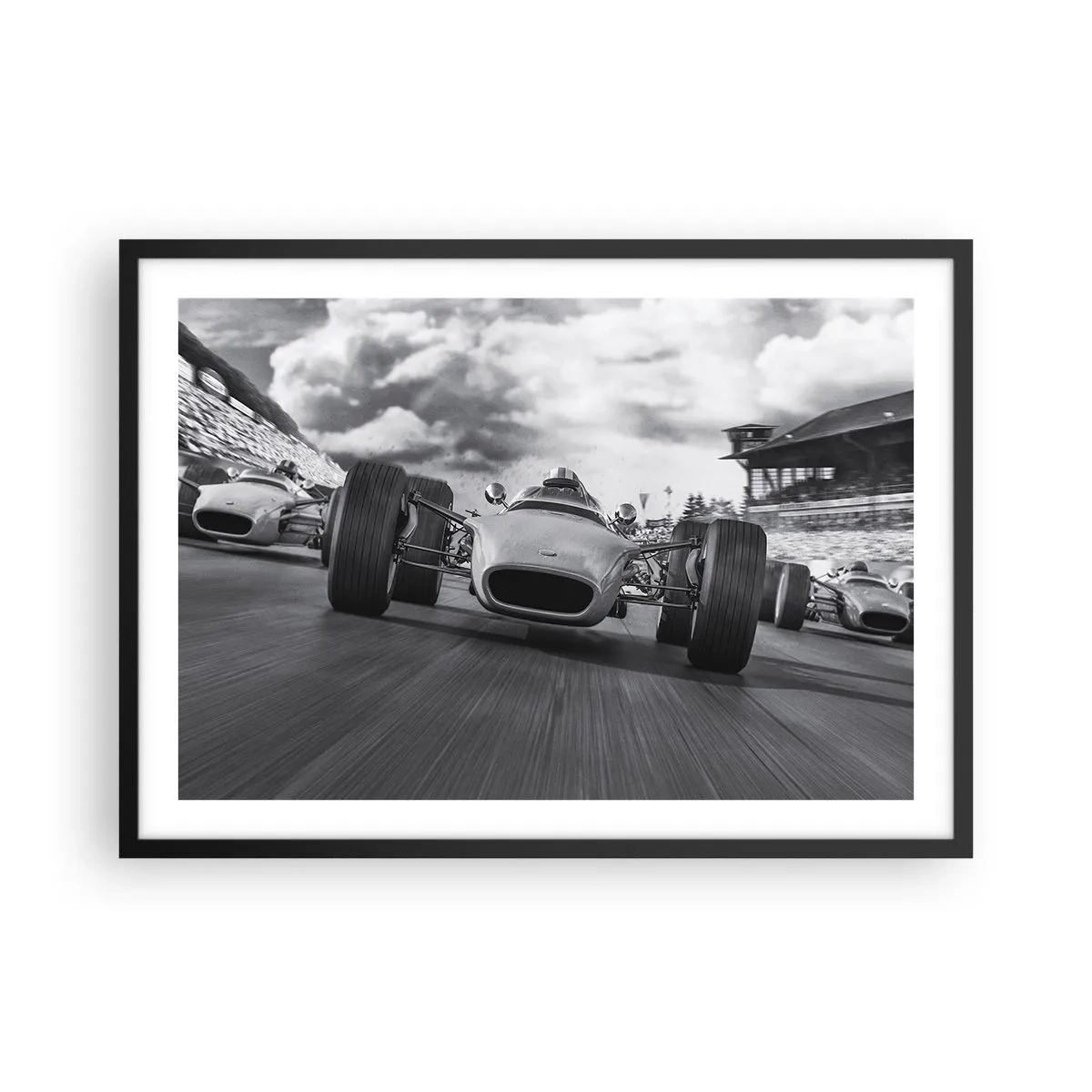 Poster in einem schwarzem Rahmen - Oldtimerrennen in Bewegung - 70x50cm - Power ist da! - Moderne Wanddekoration für Wohnzimmer und Schlafzimmer ARTTOR