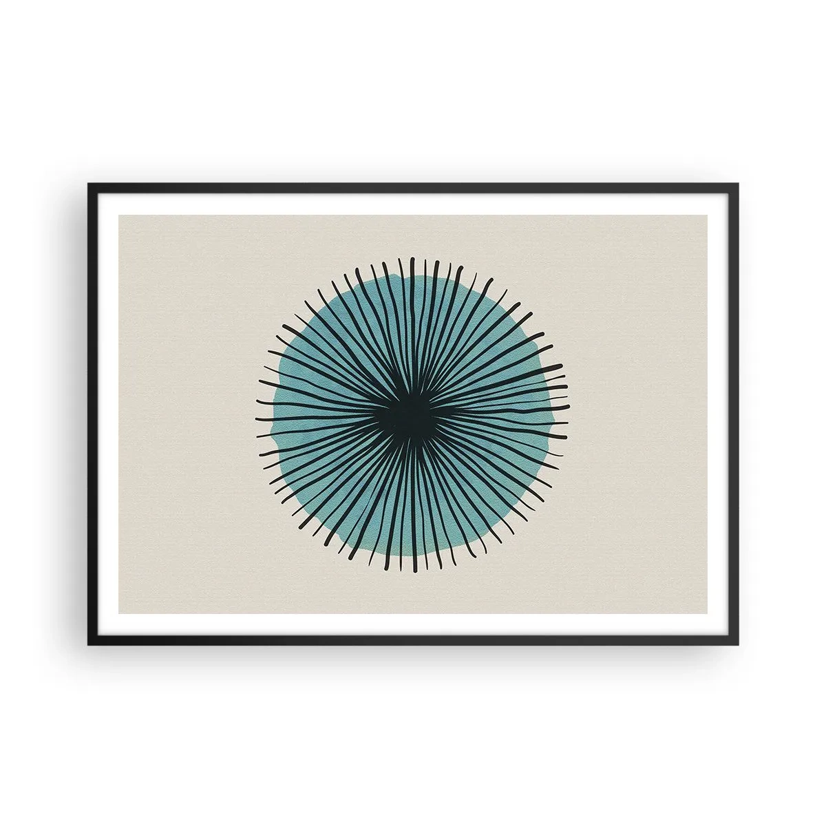 Poster in einem schwarzem Rahmen - Abstrakte Kreisform mit blauen Strahlen - 100x70cm - Strahlend im Blau - Moderne Wanddekoration für Wohnzimmer und Schlafzimmer ARTTOR