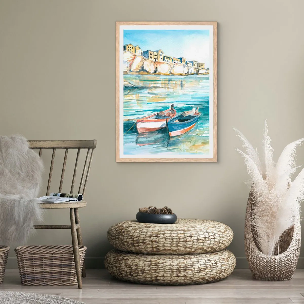 Poster in einem Rahmen aus heller Eiche - Landschaft in Azurblau - 70x100 cm