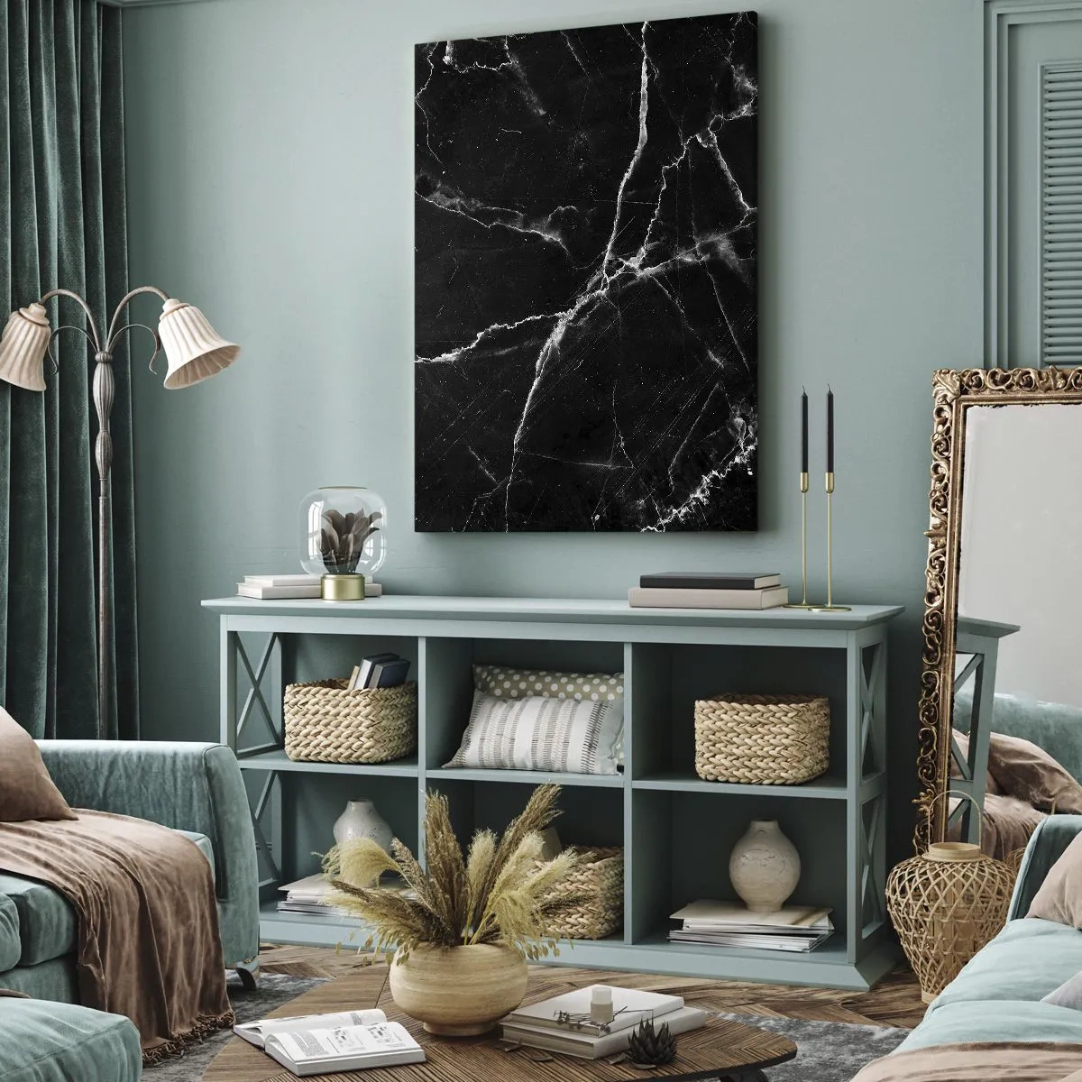 Bild auf Leinwand - Leinwandbild - Schwarzer Marmor mit weißen Adern im Detail - 50x70cm - Geheimleben des Steins - Moderne Wanddekoration für Wohnzimmer und Schlafzimmer ARTTOR